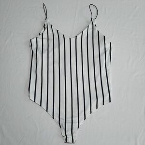 Gaze Women's Black & White Vertical Stripe Spaghetti Strap Bodysuit, Large